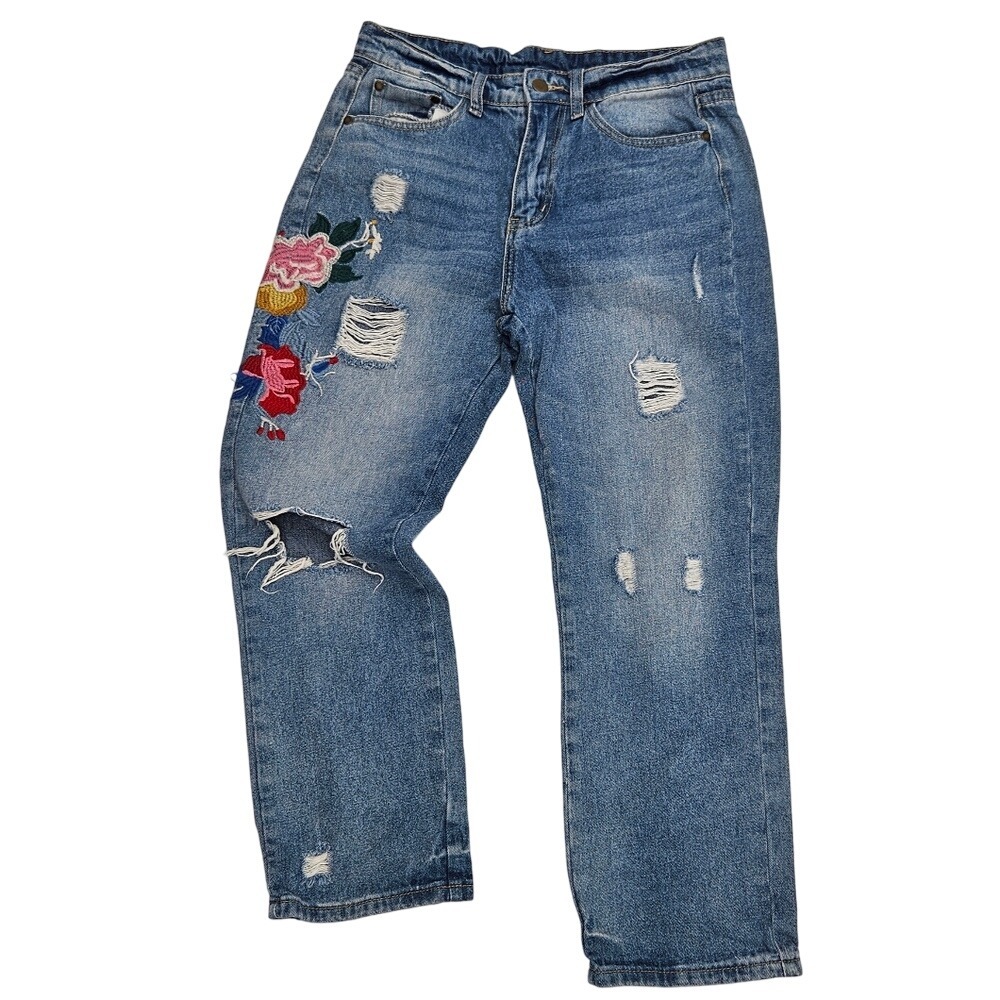 Tempo Paris Design Distressed Embroidered Jeans Ripped Denim Flower Design‎